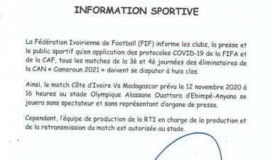 Football-Éliminatoires Can 2022 : les Éléphants sans leur public, jeudi
