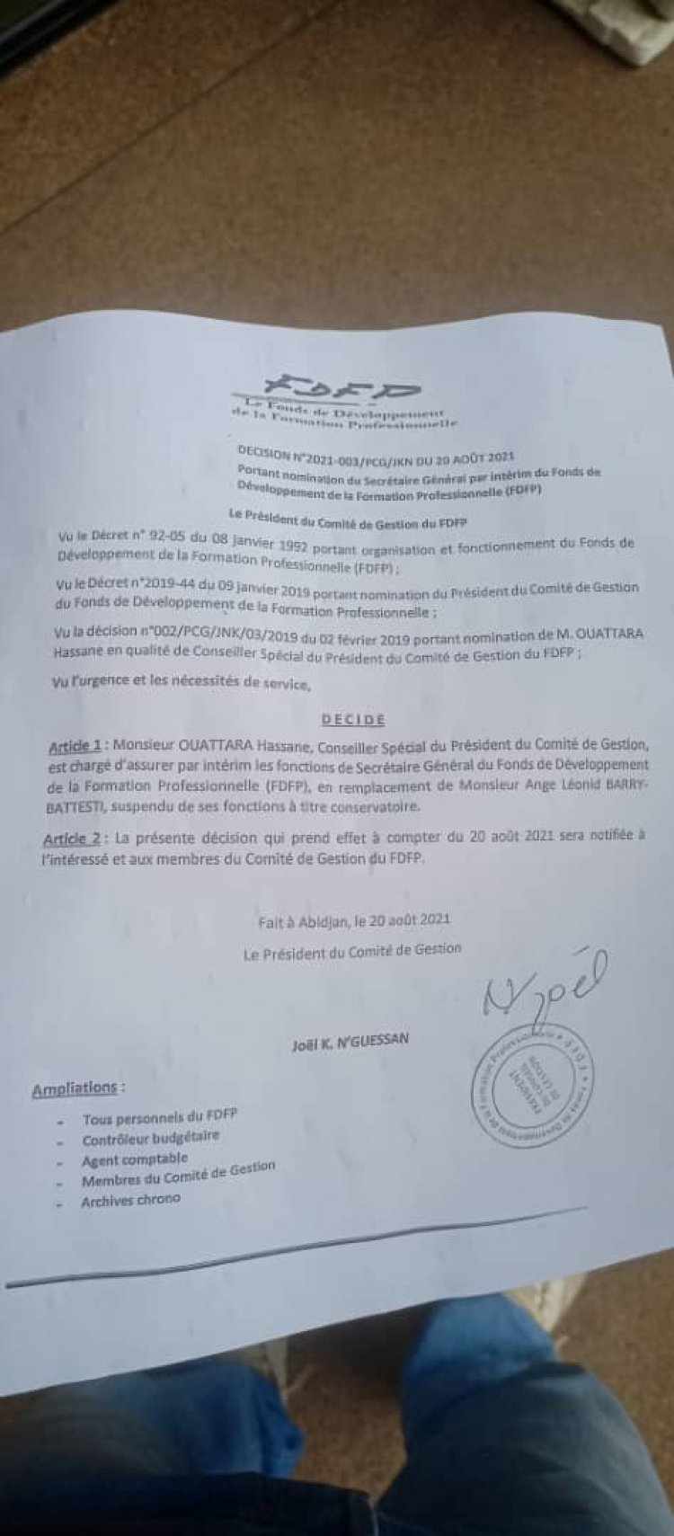 Côte d’Ivoire-FDFP : Le PCG peut-il suspendre le SG ?