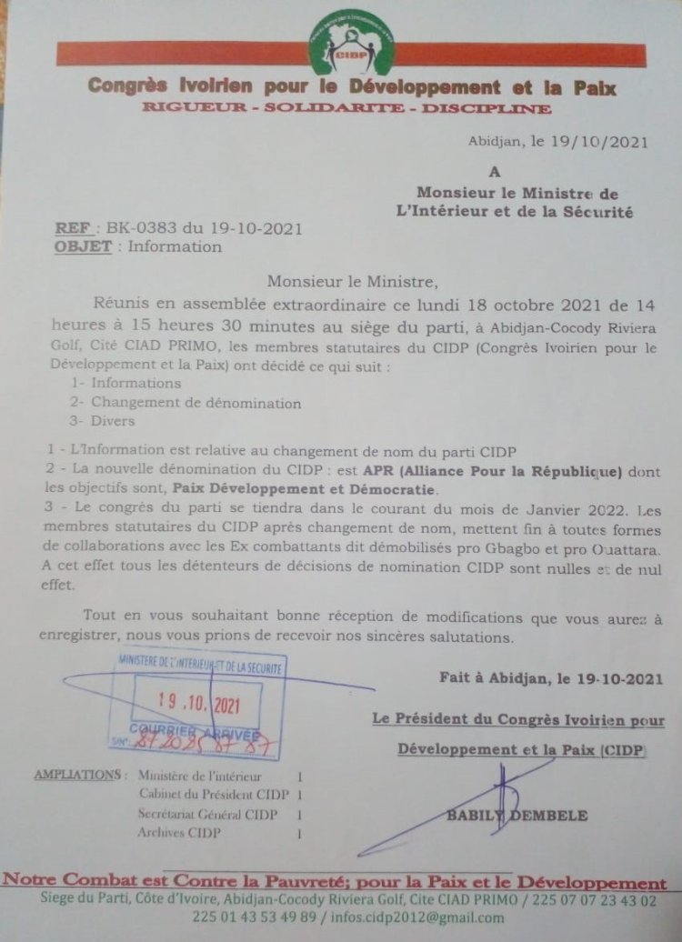 Côte d’Ivoire (Politique) : le CIDP devient l'APR 